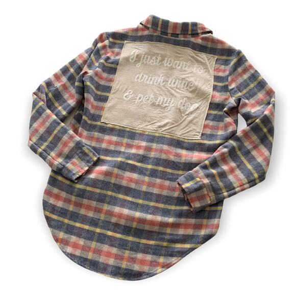 Via Penny Lane Reworked Apparel Drink Wine & Pet My Dog Button Up Flannel Shirt - Picture 1 of 9